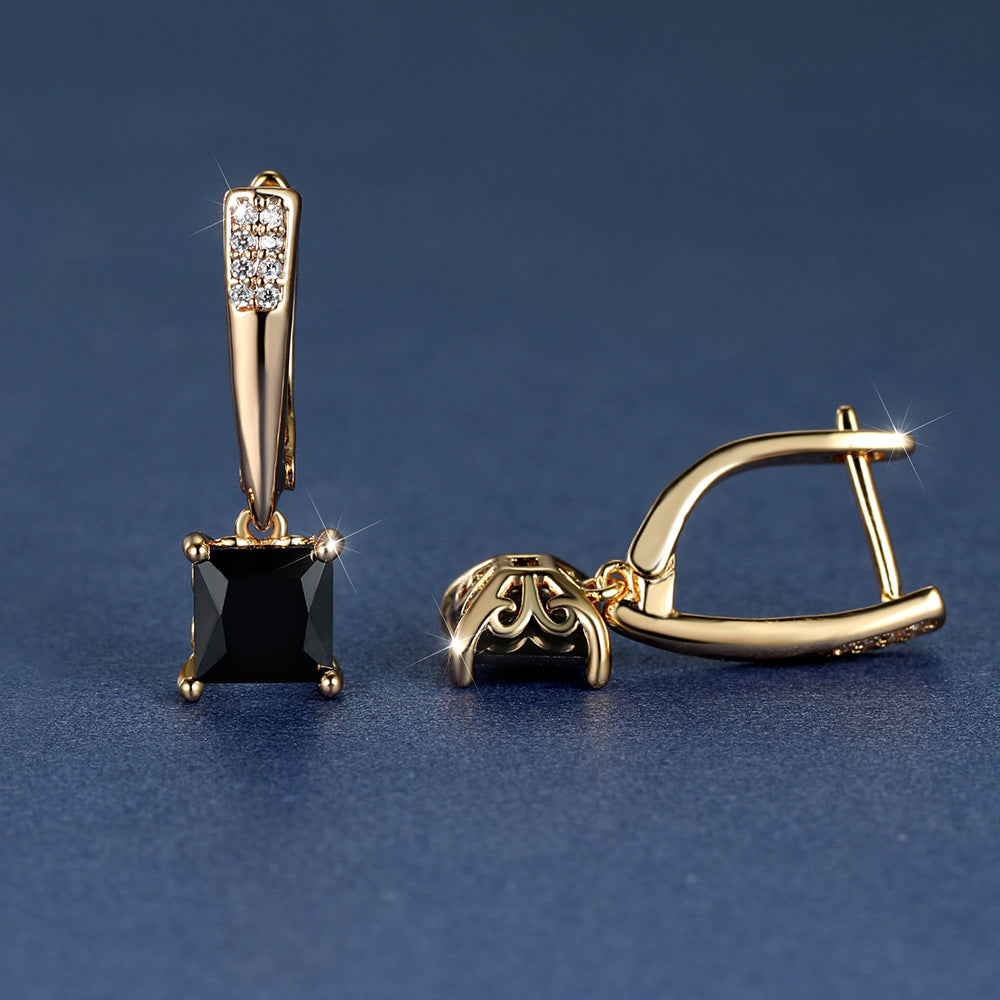 Champagne Gold Geometric Square Black Diamond Ear Clips Light Luxury Earrings