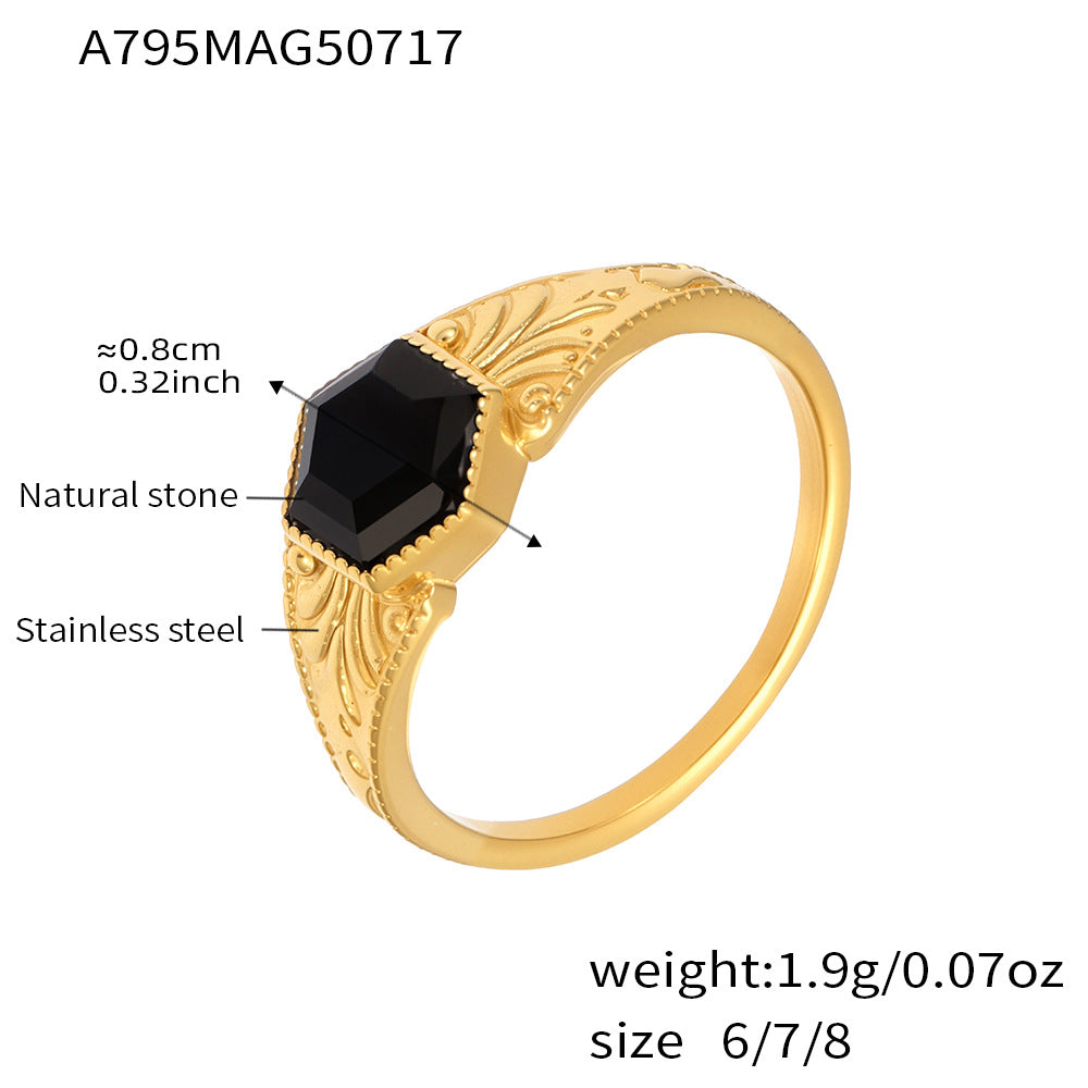 Stainless Steel Electroplated Patterned Vintage Ring With Black Natural Stone Inlay