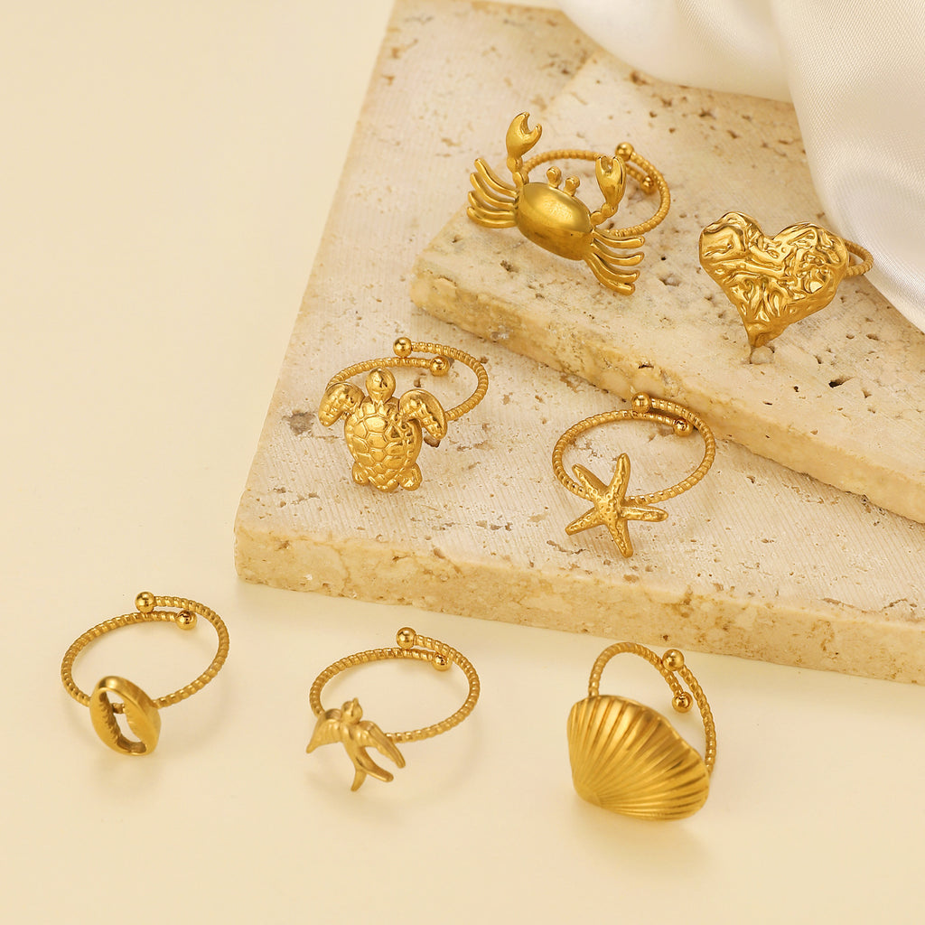 Stainless Steel Ring That Wont Fadefeaturing A Crab Heart Starfish And Turtle Design With An Adjustable Opening