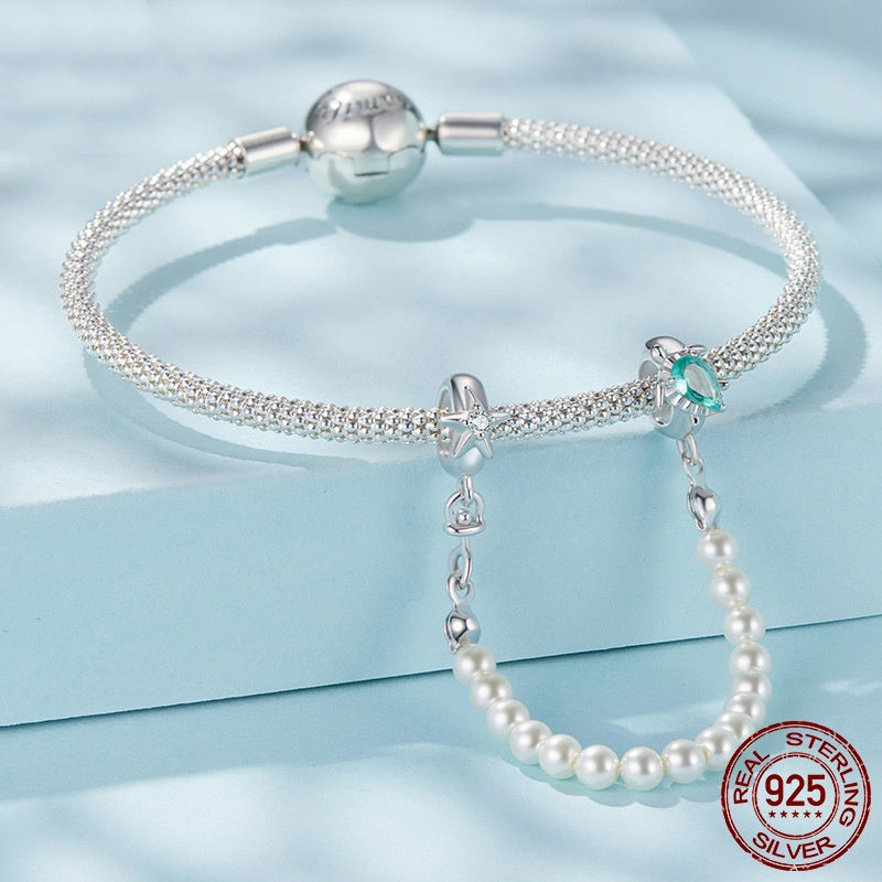 Sea Turtle Starfish Pearl S925 Sterling Silver Bracelet String Beads