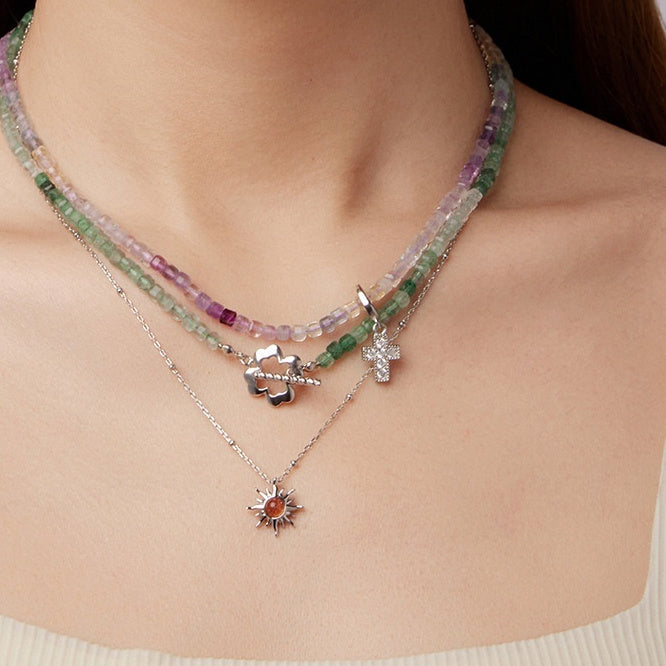 S925 Sterling Silver Sun Men's And Women's Light Sunstone Lucky Necklace Clavicle Chain