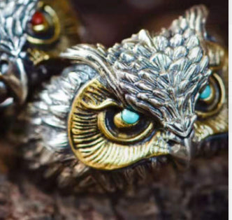 Trendy Retro Carved Hand Jewelry Cat And Owl Ring