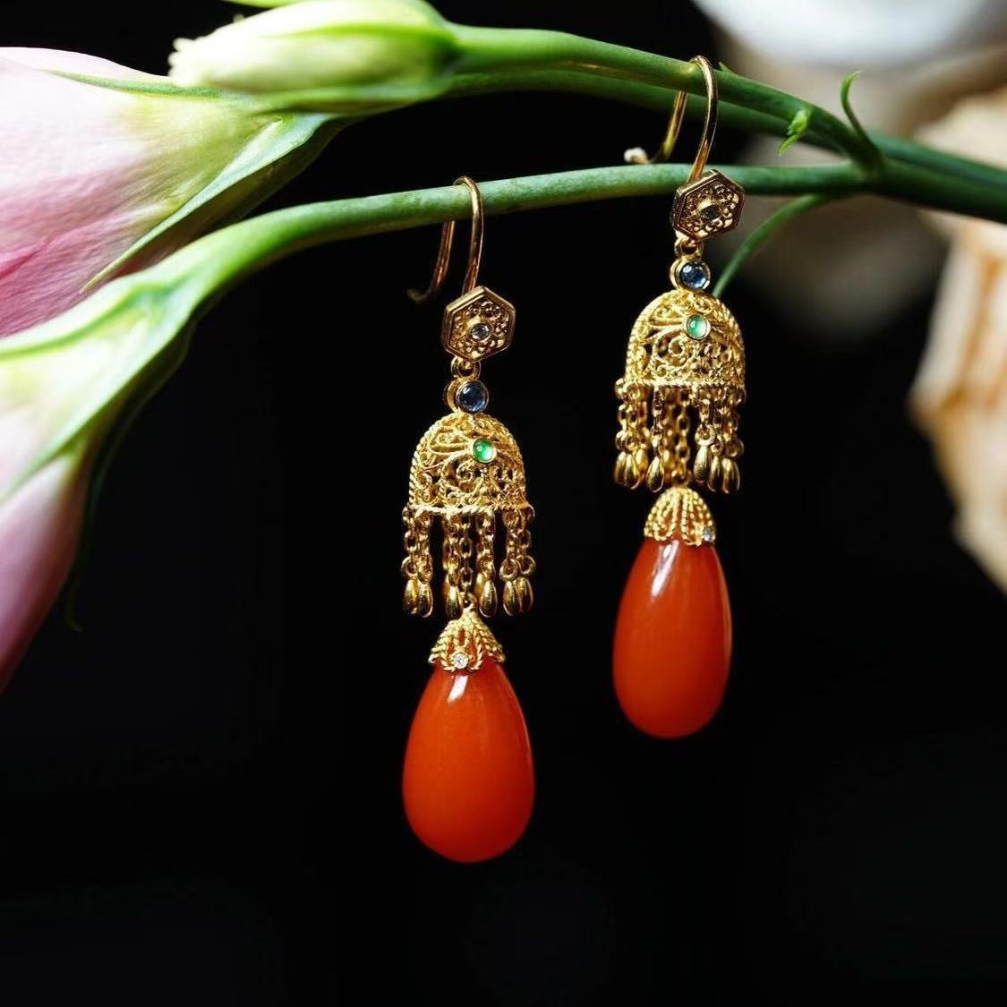 Ice Red Water Droplet Classic Temperament Long Earrings
