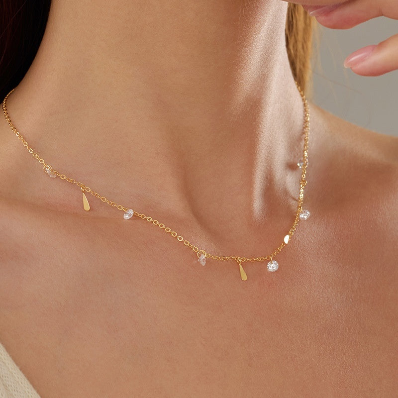Banyan Tree S925 Silver Plated Gold Color Waterdrop Zircon Tassel Necklace