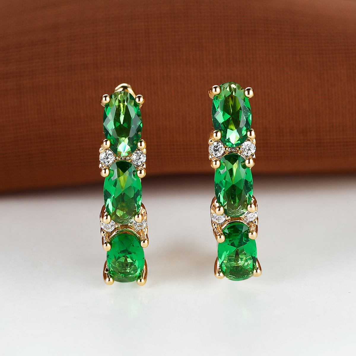Womens French-Style Light-Luxury Gold Three-Row Oval Diamond Earrings