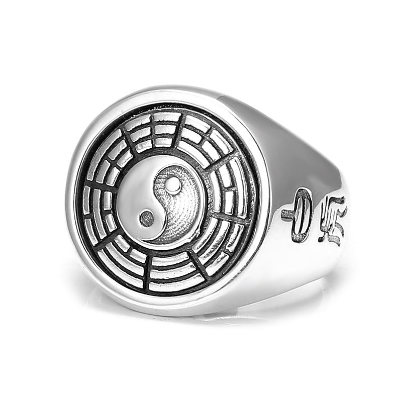 S925 Pure Silver Taoist Bagua White Tiger Retro Zodiac Tai Chi Ring