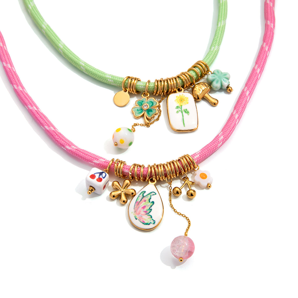 Stainless Steel Four-Leaf Clover Rope Necklace With Oil-Dripping Design