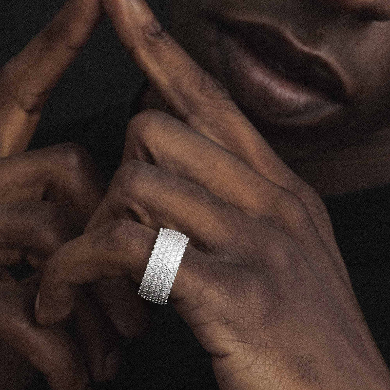 Full-diamond Ring Zircon And Diamond Cuban Link Ring In Gold And Silver
