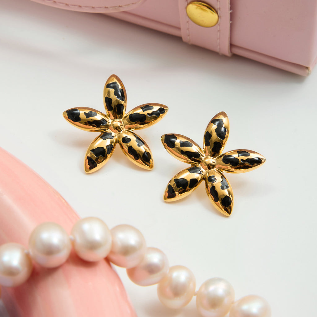 Leopard-Print Floral Statement Earrings In Dripping Oil Style Made Of Stainless Steel