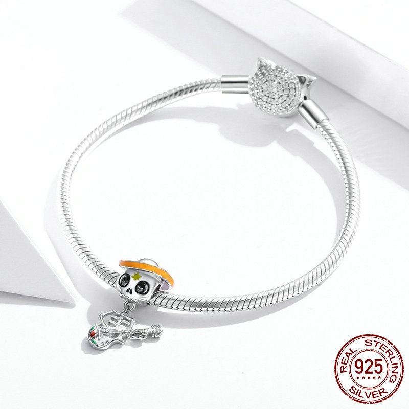 925 Silver Guitar Skull Bracelet Halloween DIY Bead