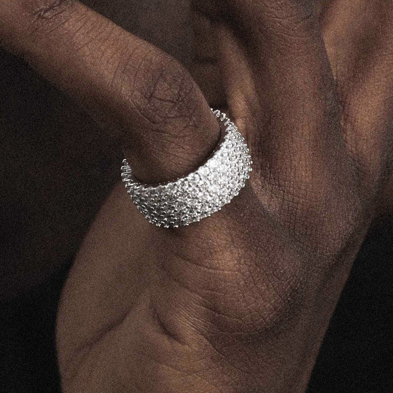 Full-diamond Ring Zircon And Diamond Cuban Link Ring In Gold And Silver