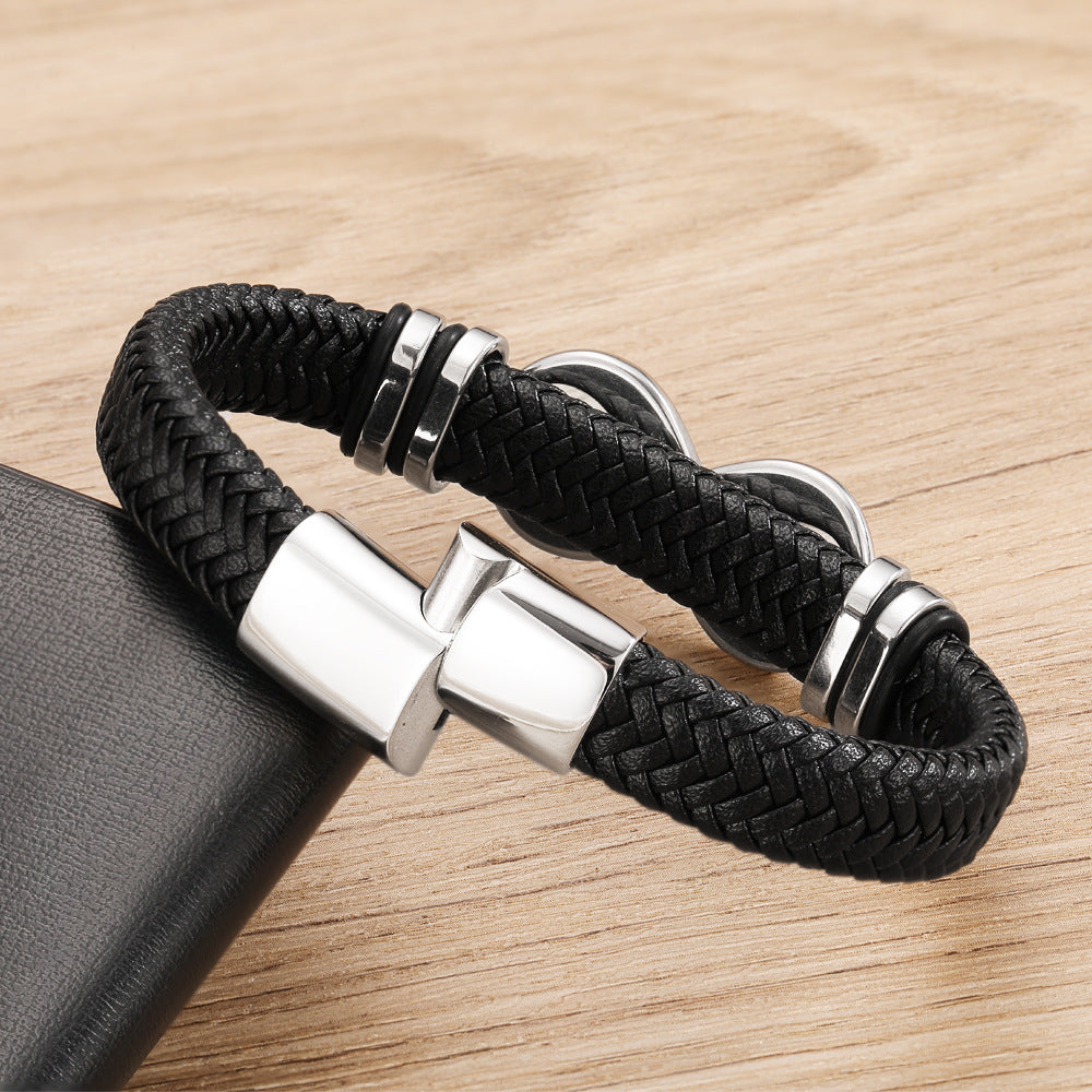 European And American-style Woven Stainless Steel Leather Bracelet