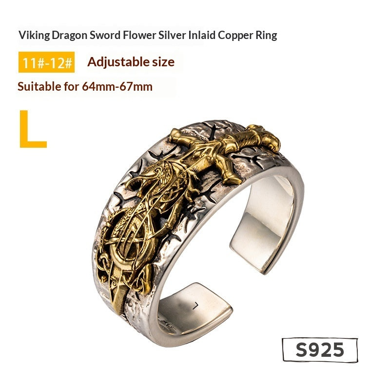 Dragon Sword Flower Viking Silver Ring Trendy