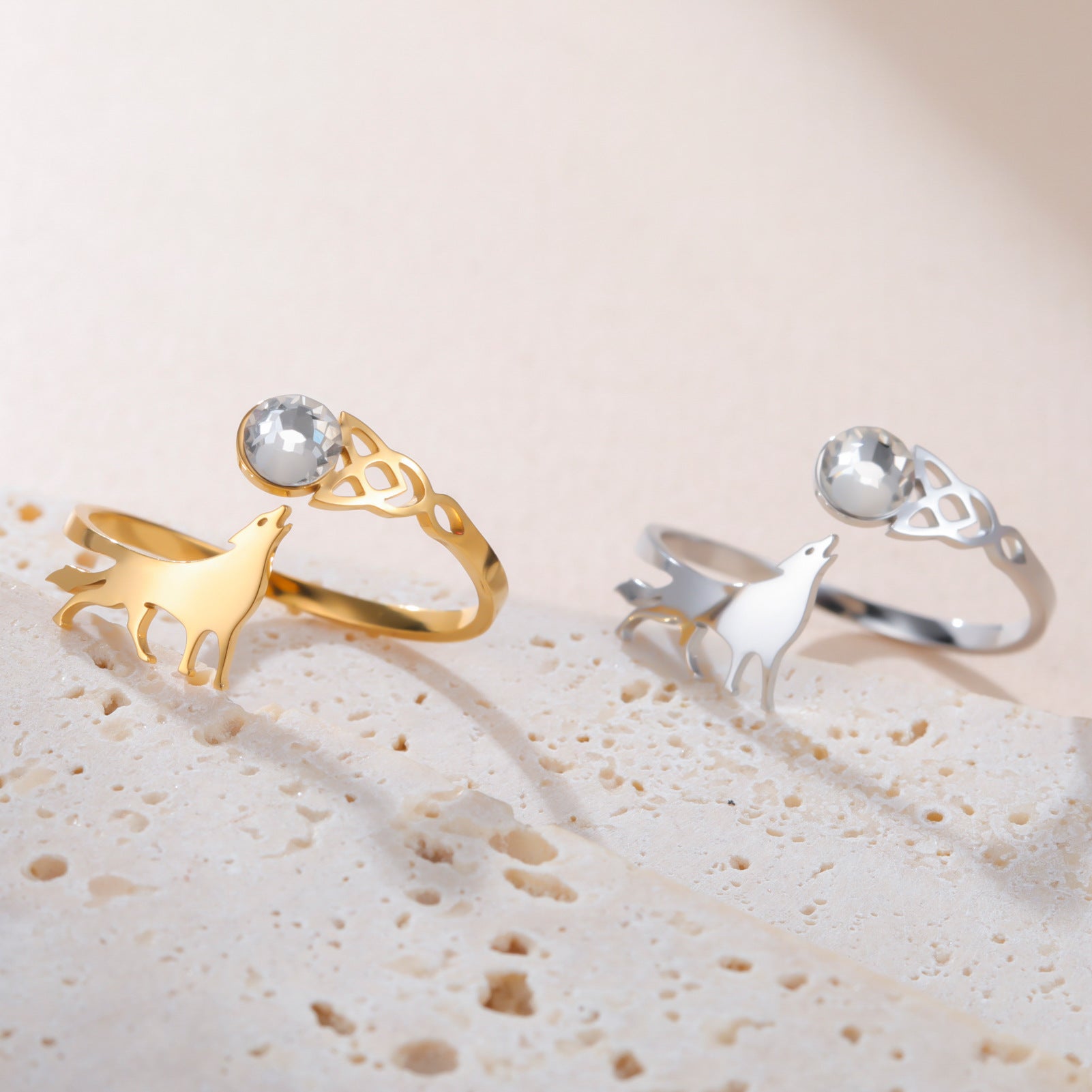 Micro-inlaid Zircon Water-drop Phoenix And Wolf Open Ring