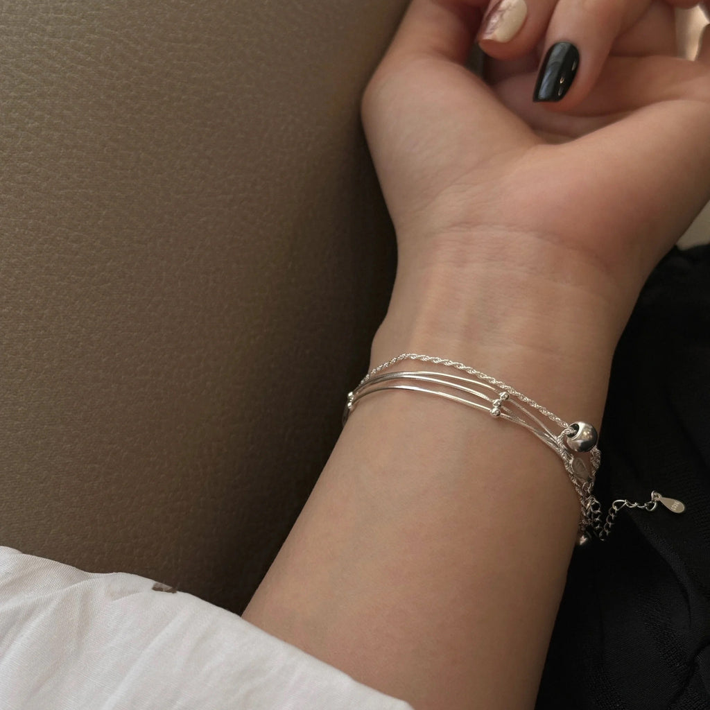 Womens S925 Sterling Silver Three Tier Spacer Bead Snake Chain Bracelet