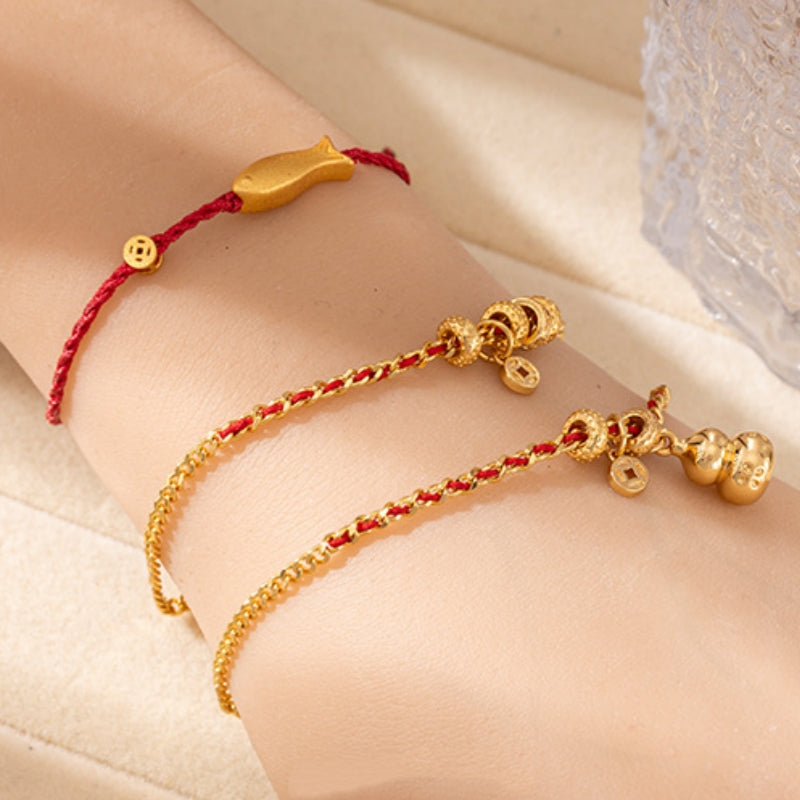 Fashionable Hulu Fu Yu Duo Pendant Red Rope Bracelet