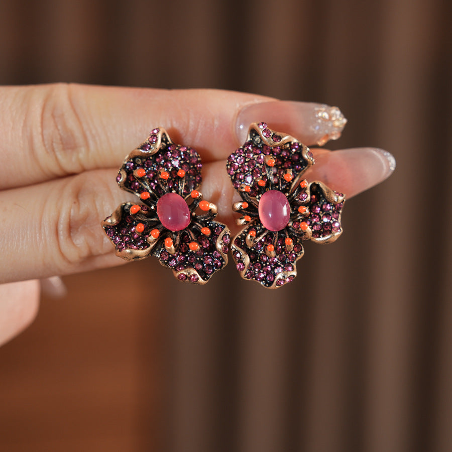 Vintage Floral Rhinestone Stud Earrings With S925 Sterling Silver Post