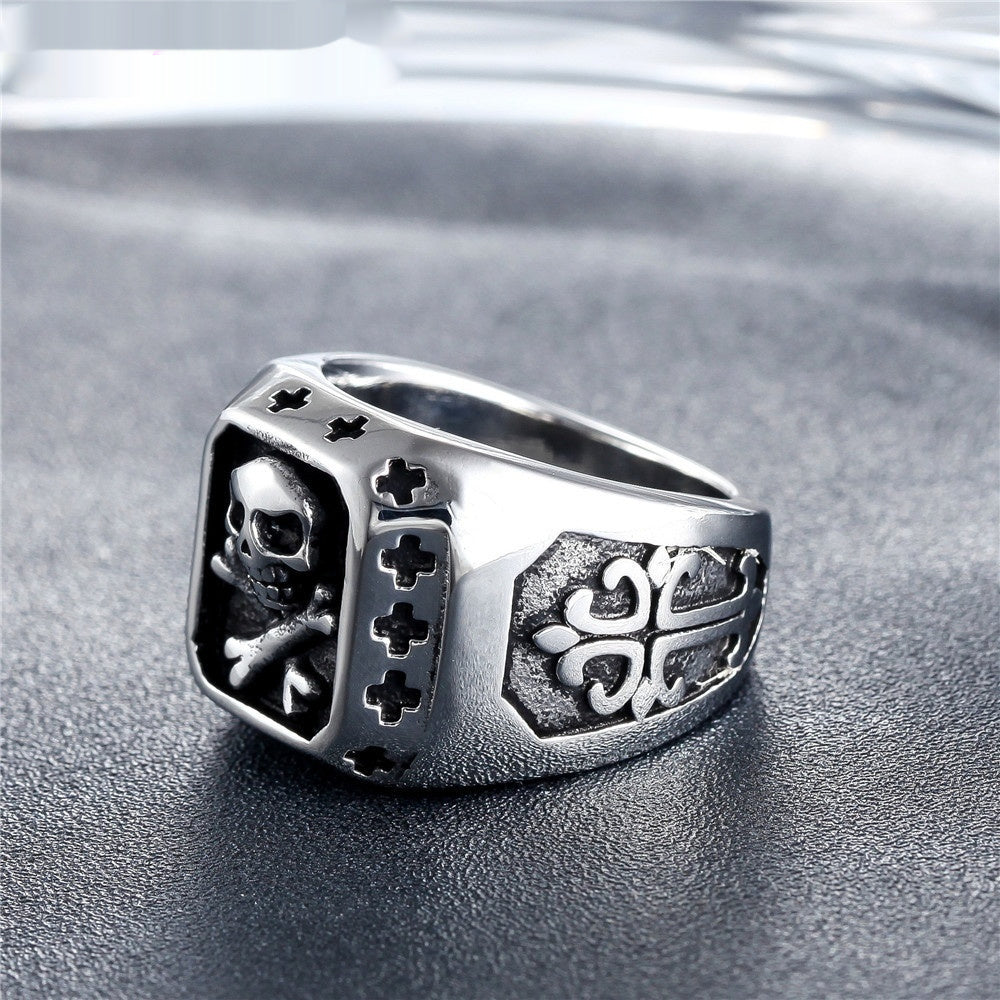 Personalized Punk Skull And Cross Titanium Steel Ring