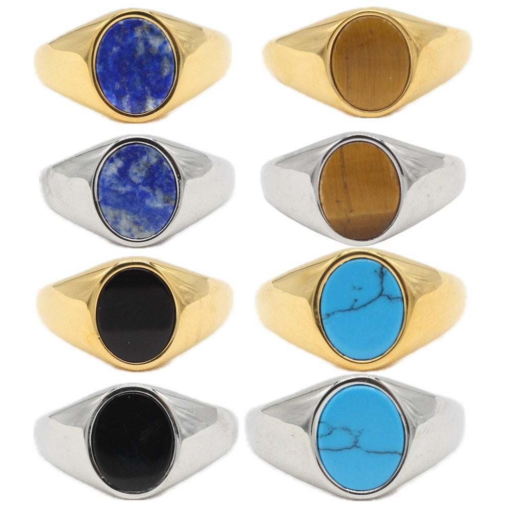 Fashionable Minimalist Oval Gemstone Ring In Cool-toned Titanium Steel