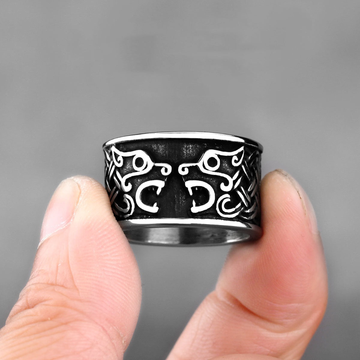 Double-Wolf-Head Titanium Steel Ring Trendy Hip-Hop Style