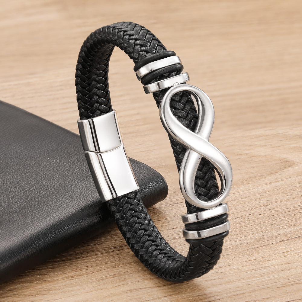 European And American-style Woven Stainless Steel Leather Bracelet