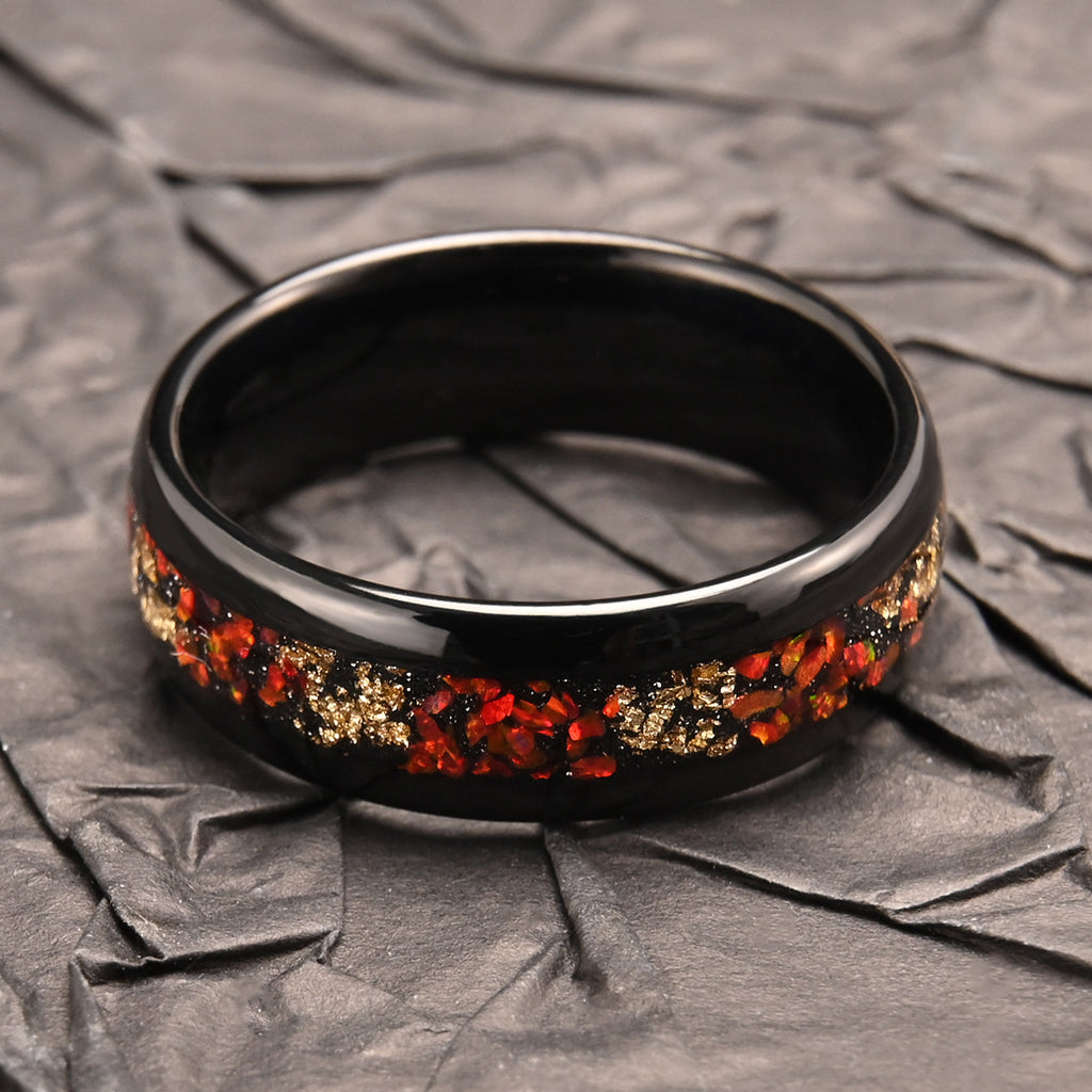 Black-inlaid Red Opal Gold-leaf Ring