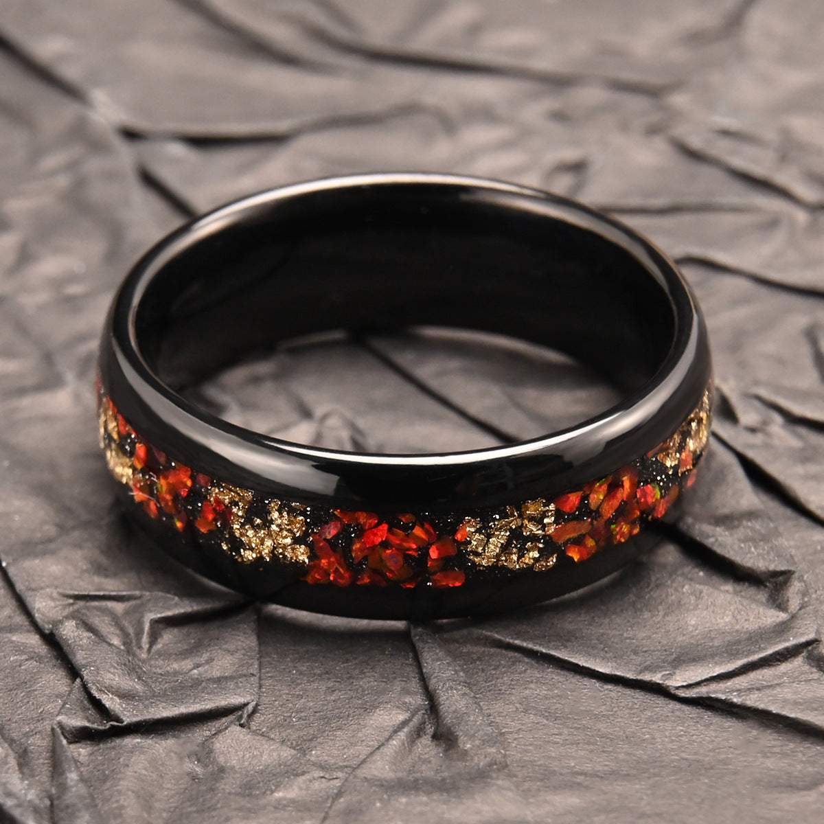Black-inlaid Red Opal Gold-leaf Ring