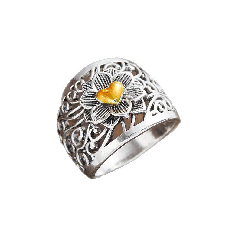 Fashionable Retro Hollow Wide-Brim Pattern Ring With A Heart Design