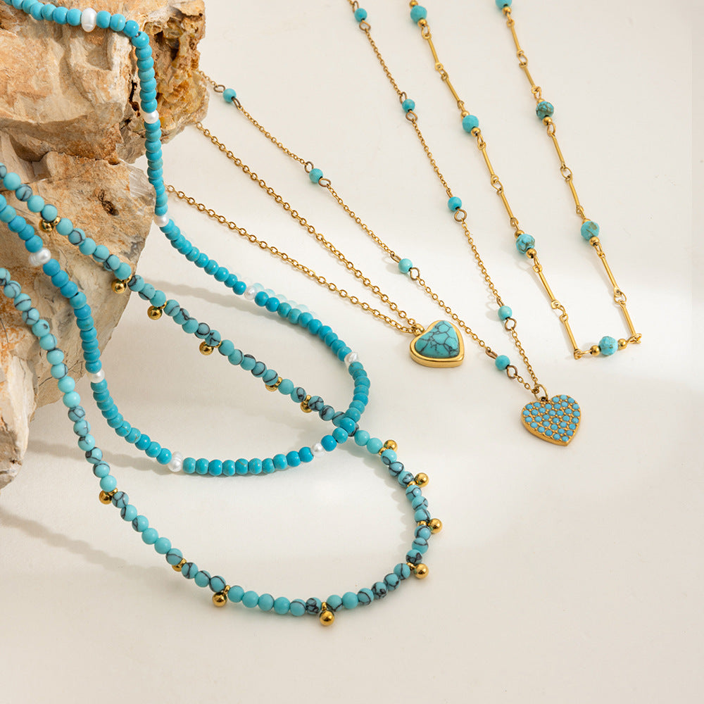 European And American Blue Turquoise Stainless Steel Necklace Set