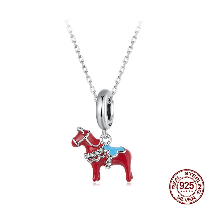 Wooden Horse Pendant S925 Sterling Silver Dripping Oil