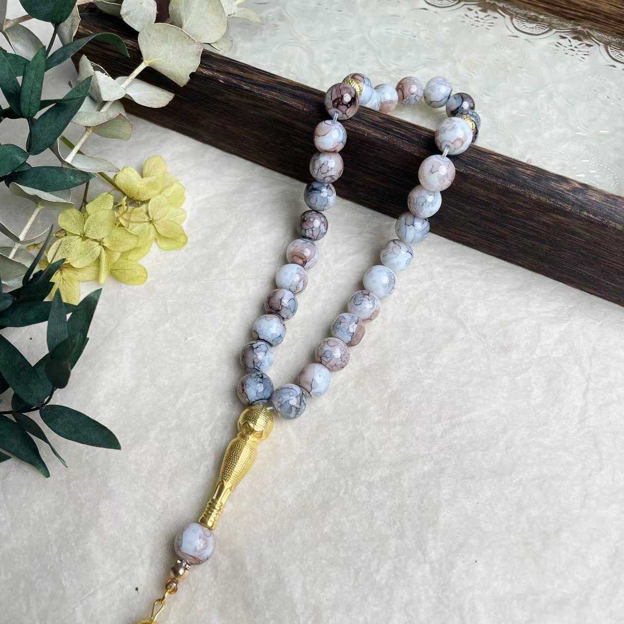 33-piece Gold Tassel Glass Bracelet With 10mm Large Flower Beads