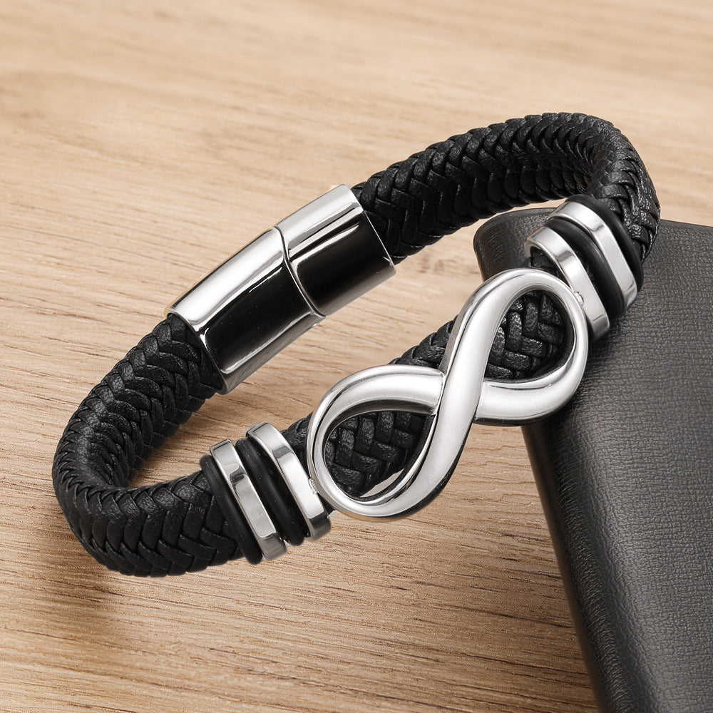 European And American-style Woven Stainless Steel Leather Bracelet