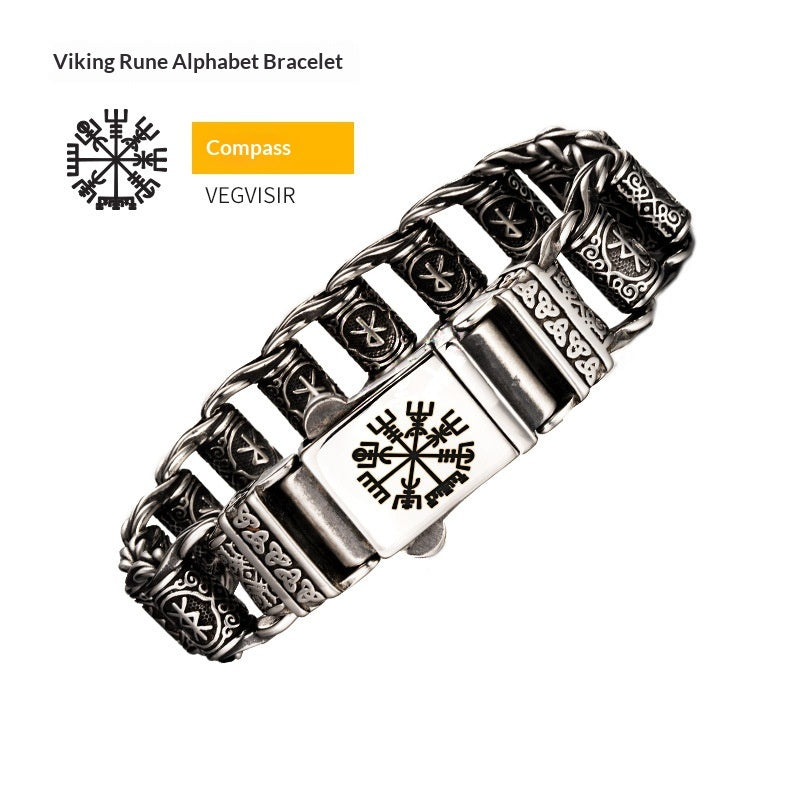 Nordic Viking Rune Compass Totem Titanium Steel Bracelet