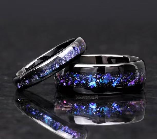 Tungsten Steel Ring With A Floral Blue Frosty Starry Sky Design And Tiny Diamonds For Couples
