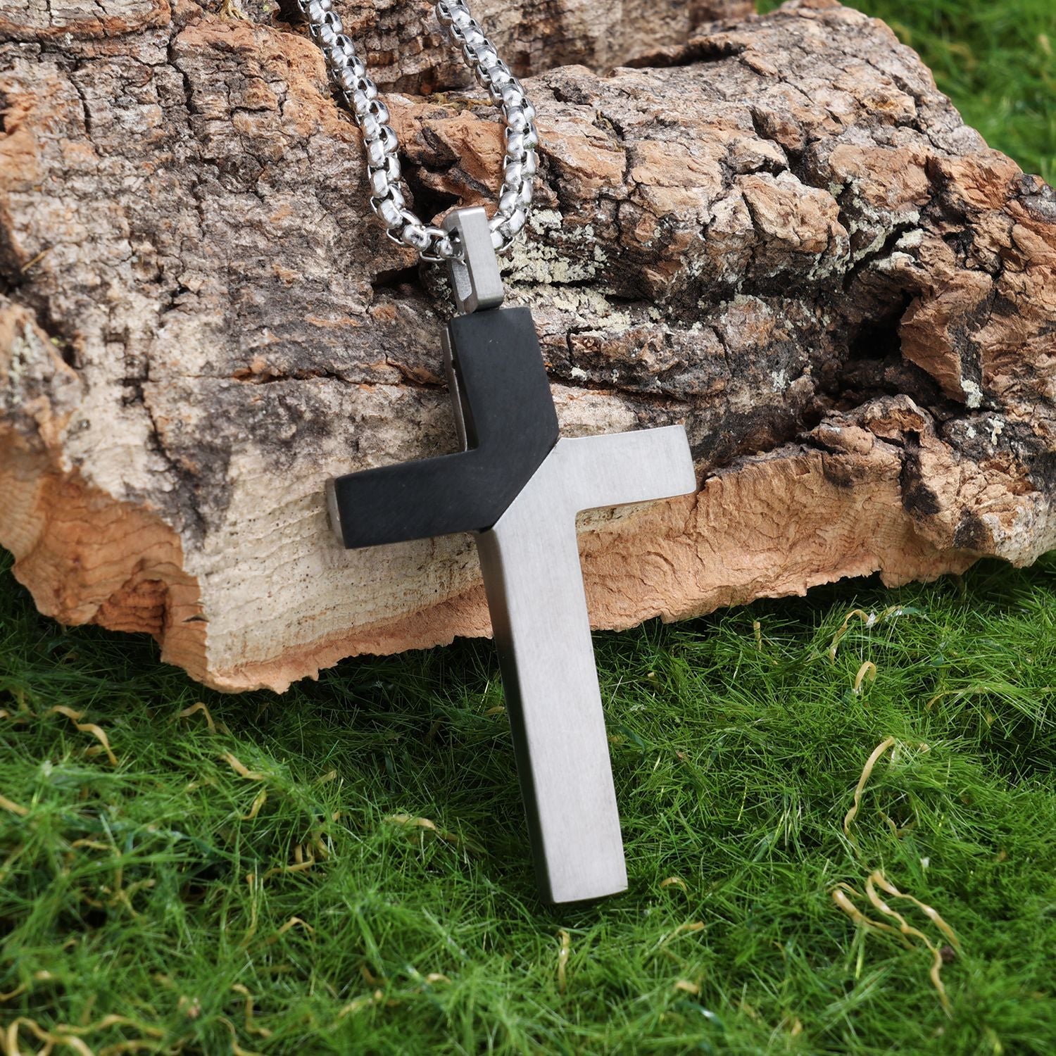 Retro-style Minimalist Two-tone Patchwork Cross Titanium Steel Pendant