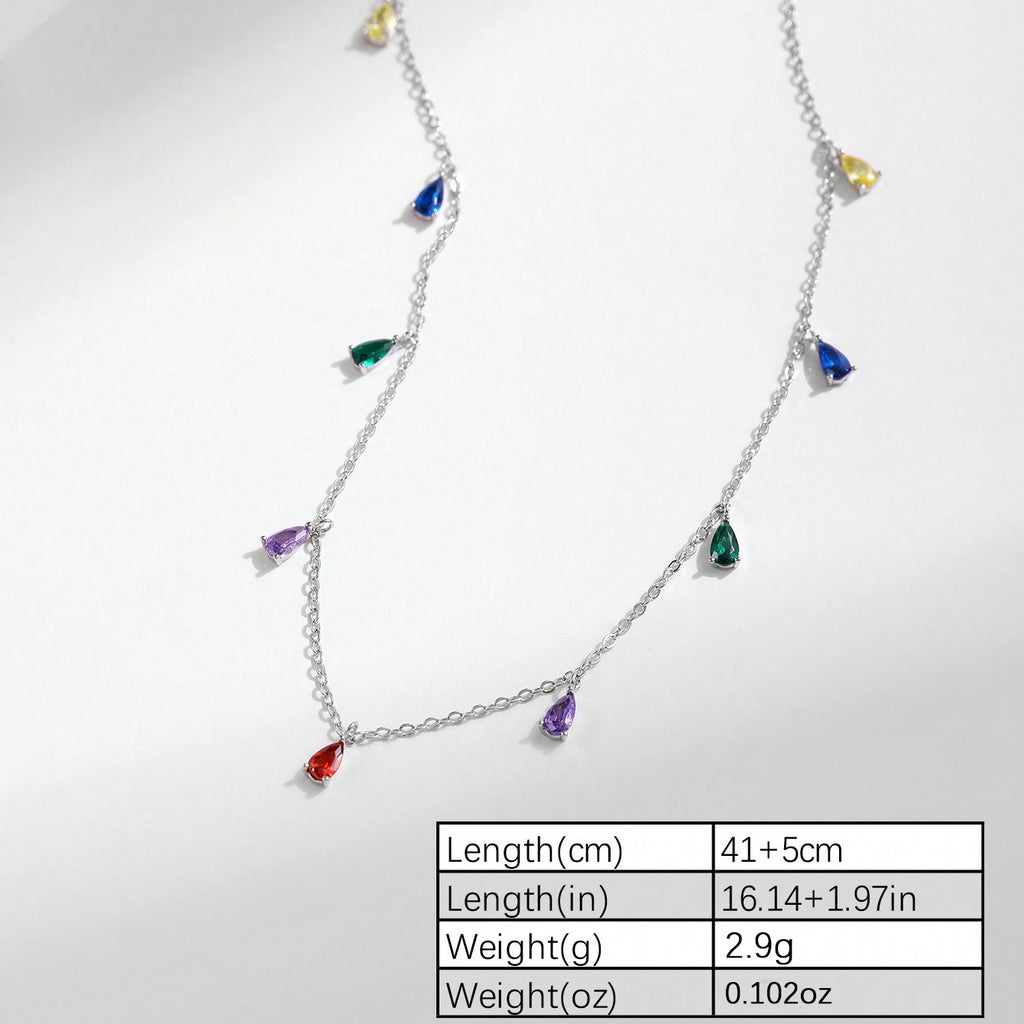 A Minimalist 925 Silver Necklace Featuring A Pendant With 9 Colorful Teardrop shaped Pendants
