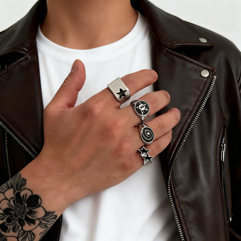 Mens Ring With A Five-pointed Star Hip-hop Style Multi-joint Design