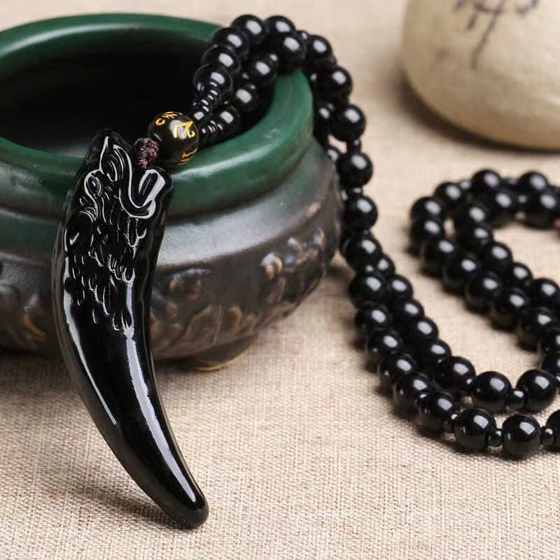 Simulated Obsidian Glass Wolf Tooth Pendant Necklace