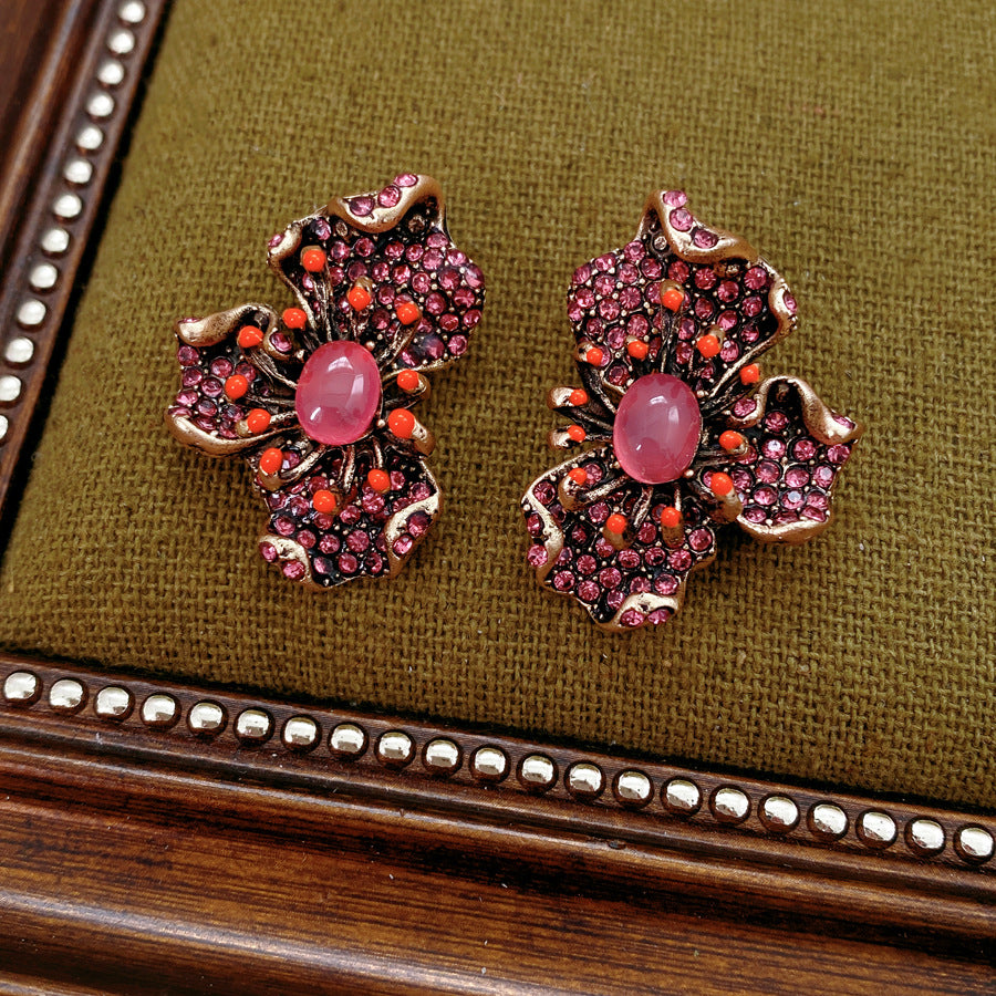 Vintage Floral Rhinestone Stud Earrings With S925 Sterling Silver Post