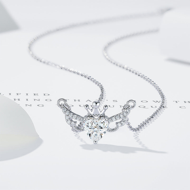 S925 Sterling Silver Crown Angel Wings Necklace