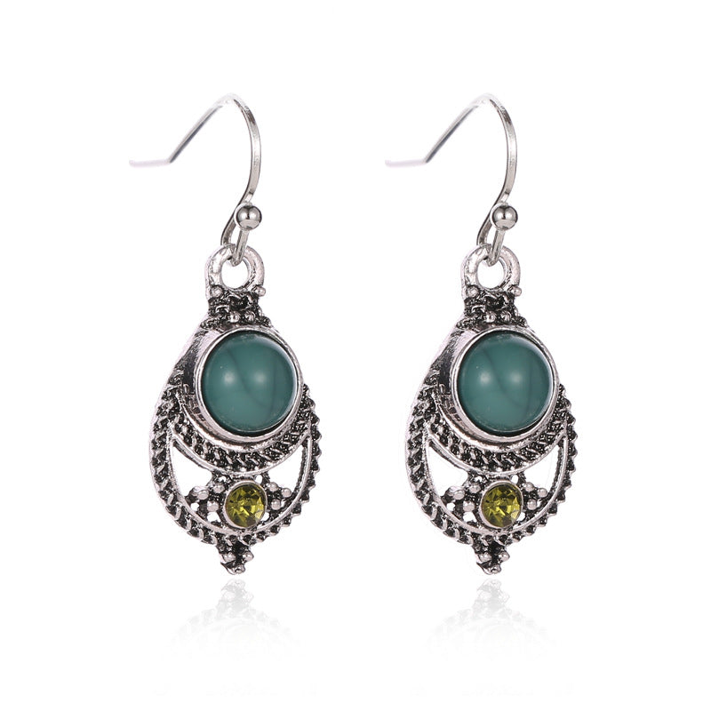 Bohemian Style Ear Jewelry Teal Turquoise Pendant Royal Vintage Openwork Carved Ear Hooks