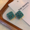 Green Fully Paved Hollow-out Crystal Square Stud Earrings