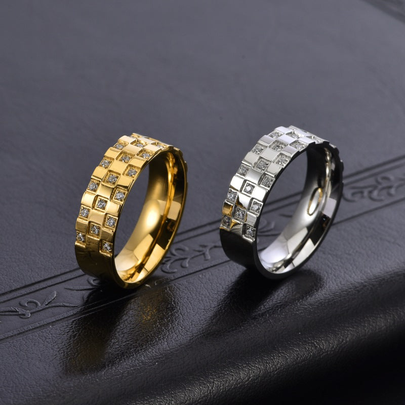 Neutral-style Titanium Steel Ring With A Checkered Zircon Inlay