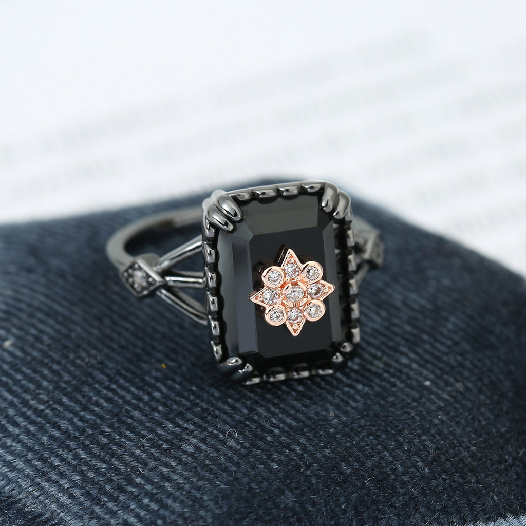 Square Black Onyx Ring With Diamond-encrusted Flower Design
