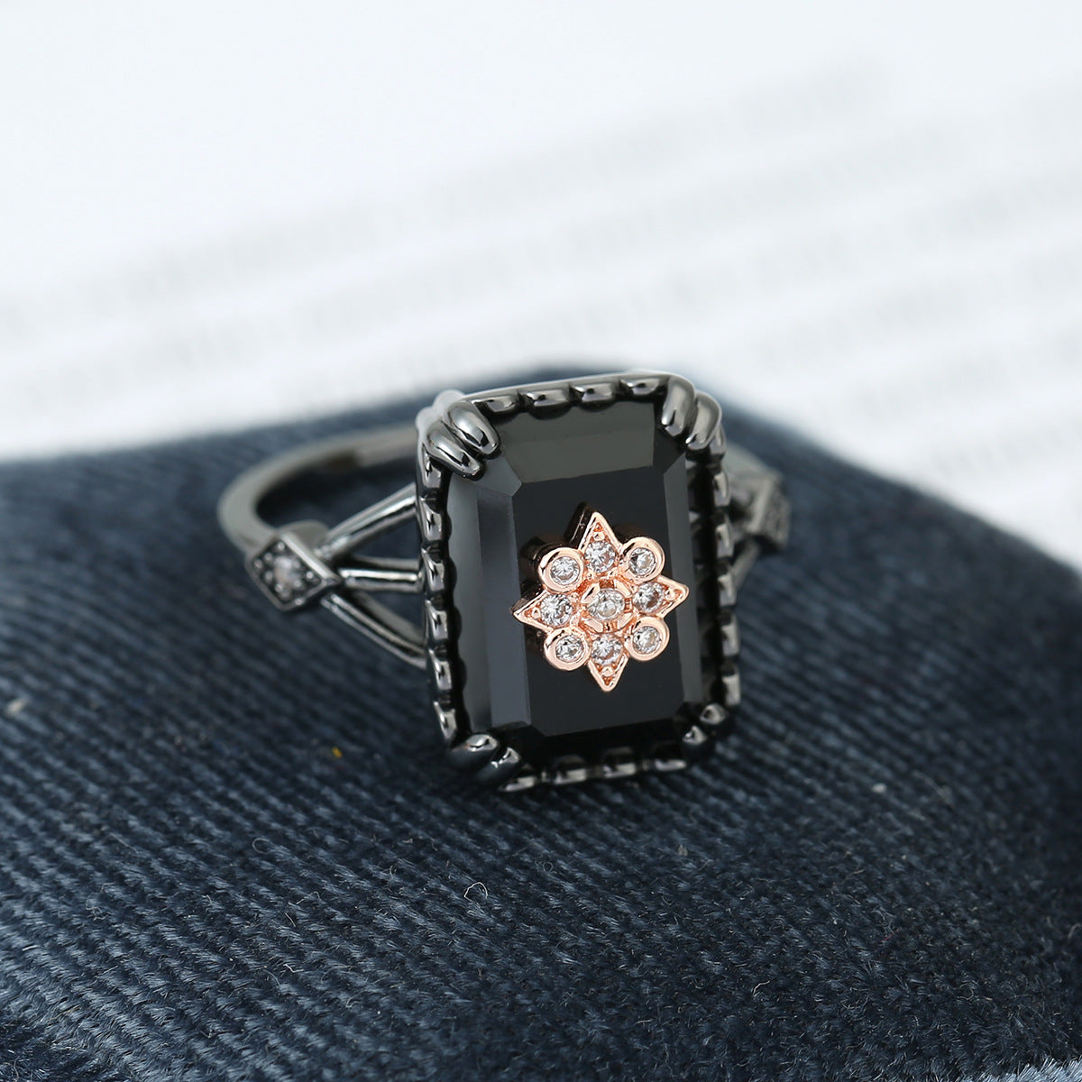 Square Black Onyx Ring With Diamond-encrusted Flower Design