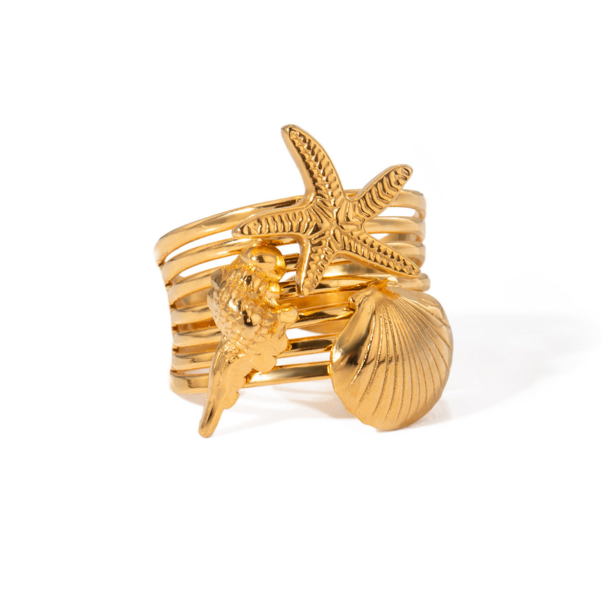 18k Gold Stainless Steel Starfish Conch Shell Open Ring
