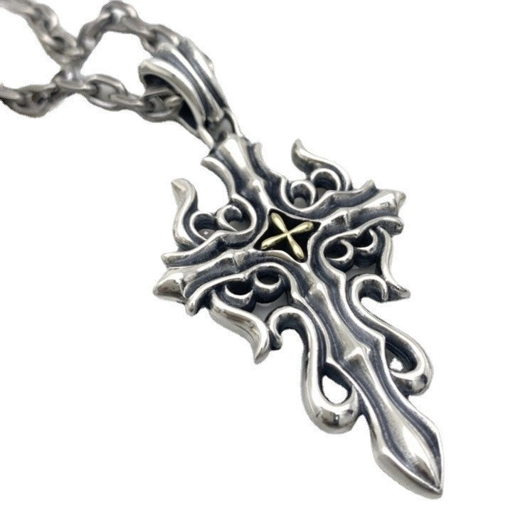 Blue Diamond Flame Cross Flower Pendant For Men And Women