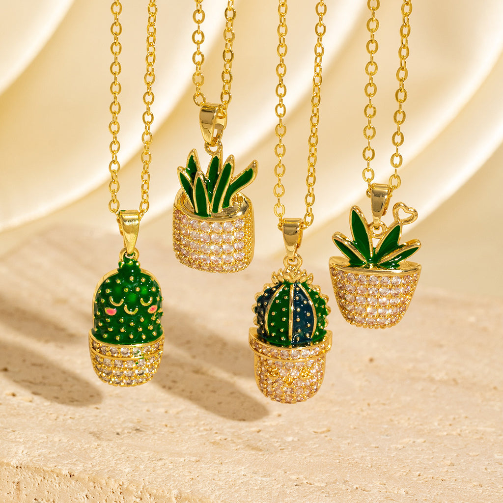 Micro-painted Zircon Droplet Niche Plant Pendant Cactus Necklace