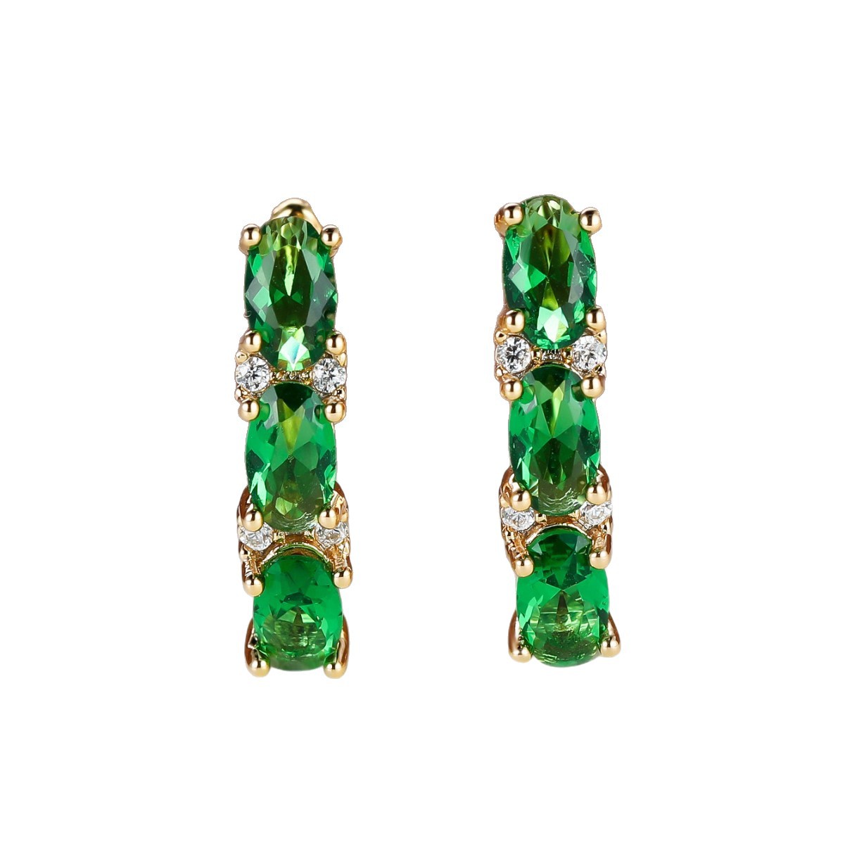 Womens French-Style Light-Luxury Gold Three-Row Oval Diamond Earrings