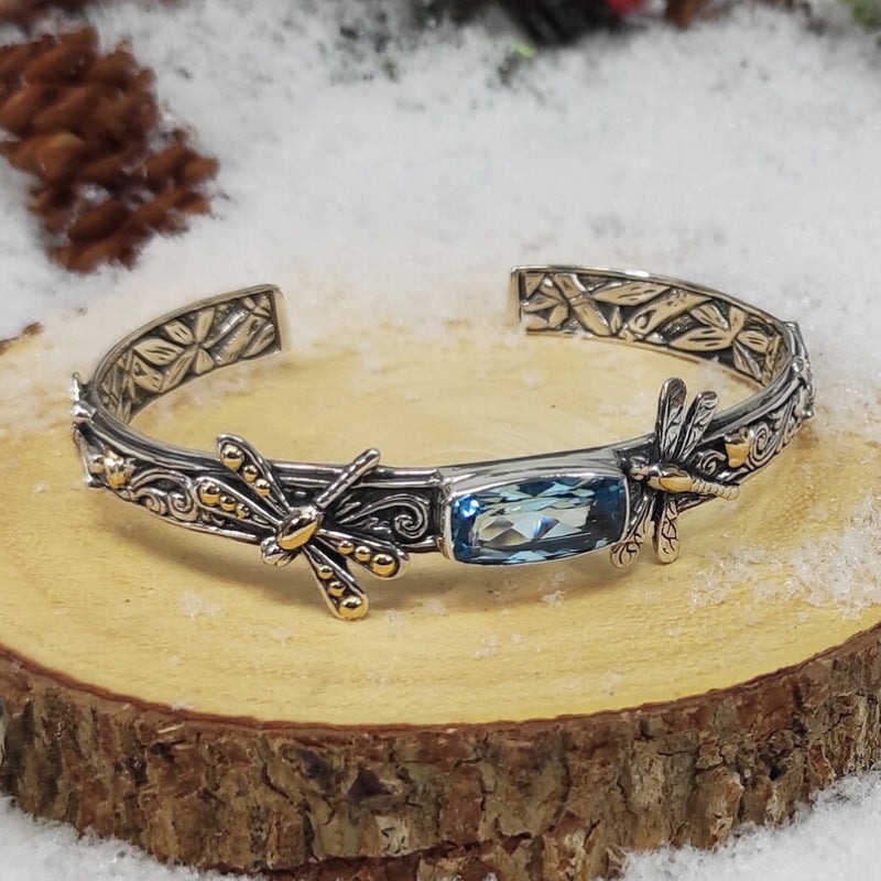 Womens Retro Floral Dragonfly Open Cuff Bracelet